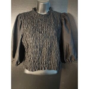 H&M Divided Black Smocked Puff Sleeve Blouse Ruffle Neck Top Large